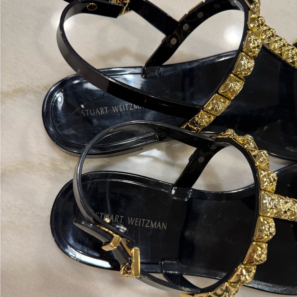 Stuart Weitzman Jelly Sandals Size 8 Black Gold Embellishments - Picture 4 of 11